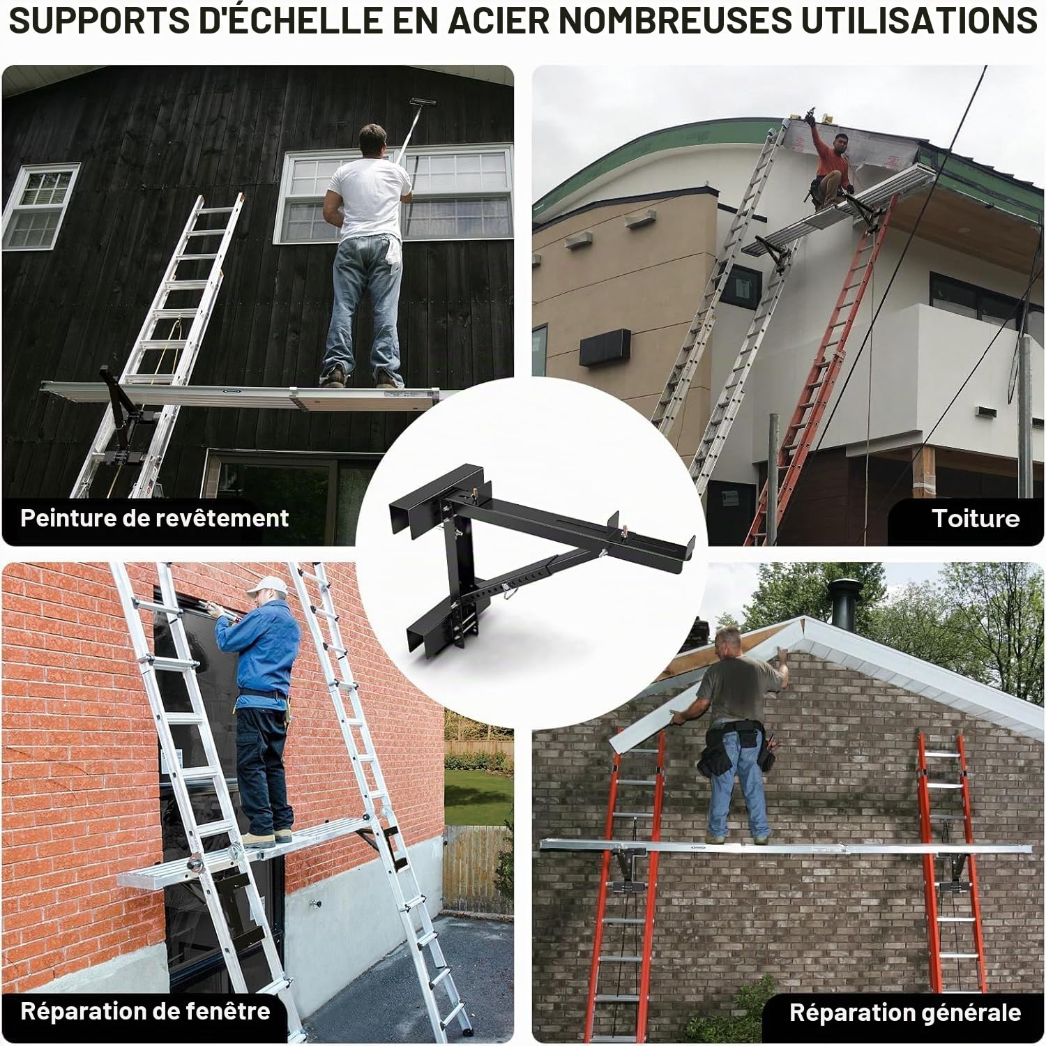 2 pcs supports d’échafaudage, Stabilisateur cric d’échelle à deux échelons pour l’extension du corps court pour l’étape de travail, la charge maximale est de 250 kg (Black)