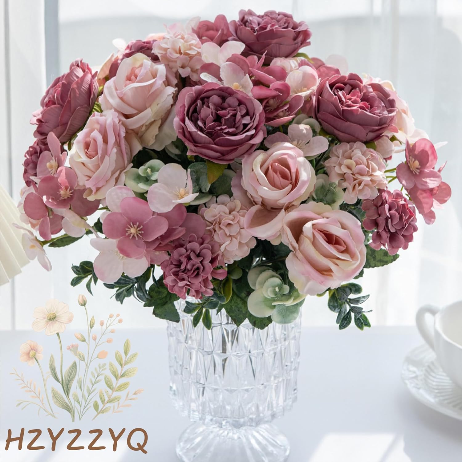 4 Pack Artificial Peony Flowers, Silk Peonies Flowers Fake Peonies Artificial Flowers Peonies Hydrangea Bouquet for Centerpiece Table Wedding Party Home Decor(Rose + Pink) - Image 5