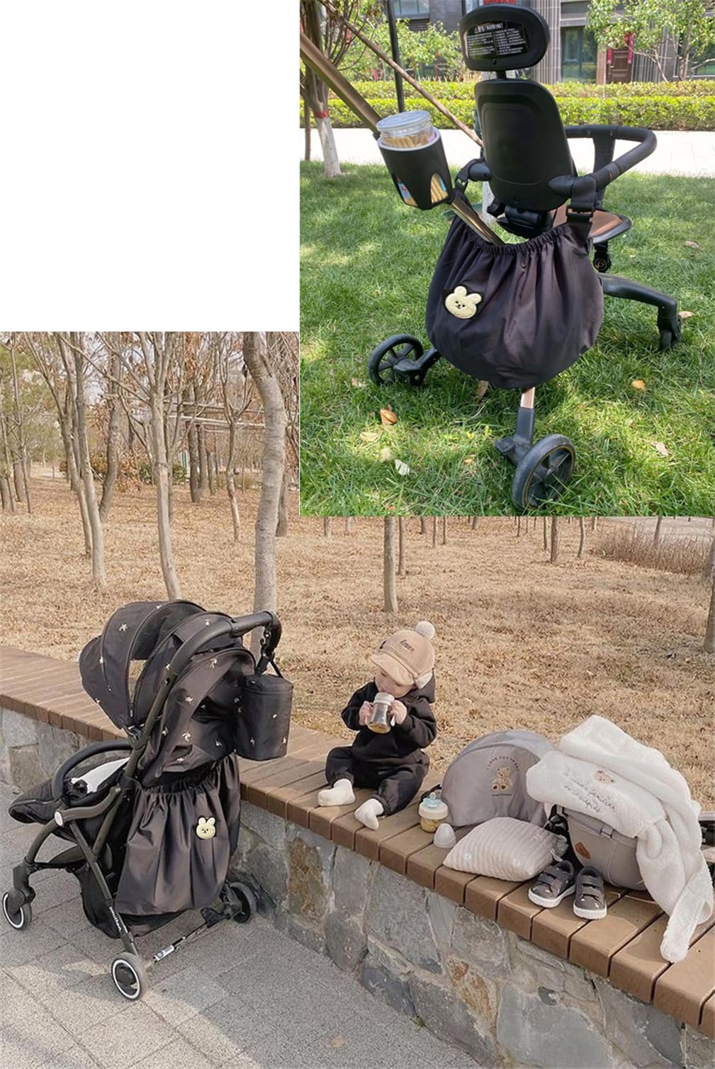 Kinderwagen Einkaufstasche XL, große Kinderwagentasche, 70×40 cm, Buggy Organizer, Wickelflaschen Aufbewahrungstasche, leichte wasserdichte Nylontasche (Schwarz, Süße Hase 70 * 40cm)