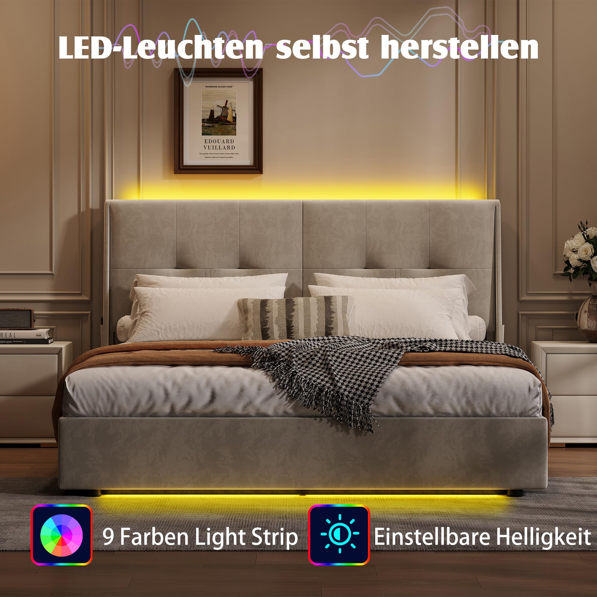 Gestoffeerd bed, 140 x 200 cm, tweepersoonsbed met LED Gestoffeerd bed, 140 x 200 cm, tweepersoonsbed met LED