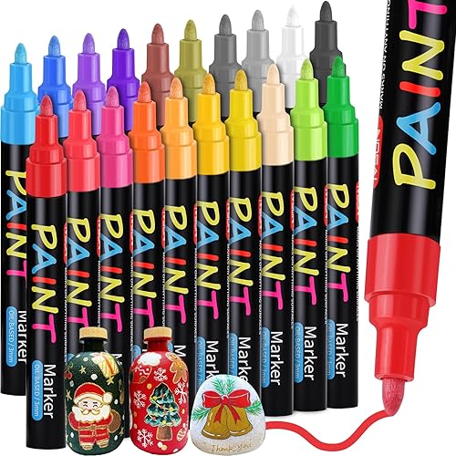 IVSUN Paint Pens Paint Markers, 20 Colors Oil-Based Waterproof Marker Pen Set, Never Fade Quick Dry and Permanent, Works on Rocks Painting, Wood, Fabric, Plastic, Canvas, Glass, Mugs