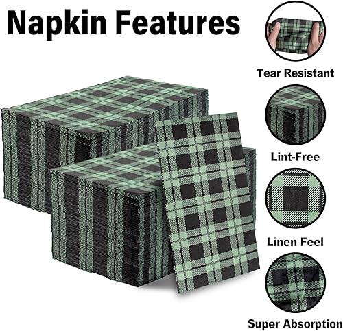 Miniatura 7 de WDF Paquete de 100 servilletas de Navidad desechables, servilletas de papel de Navidad de 3 capas con patrón de cuadros verdes y negros de alta