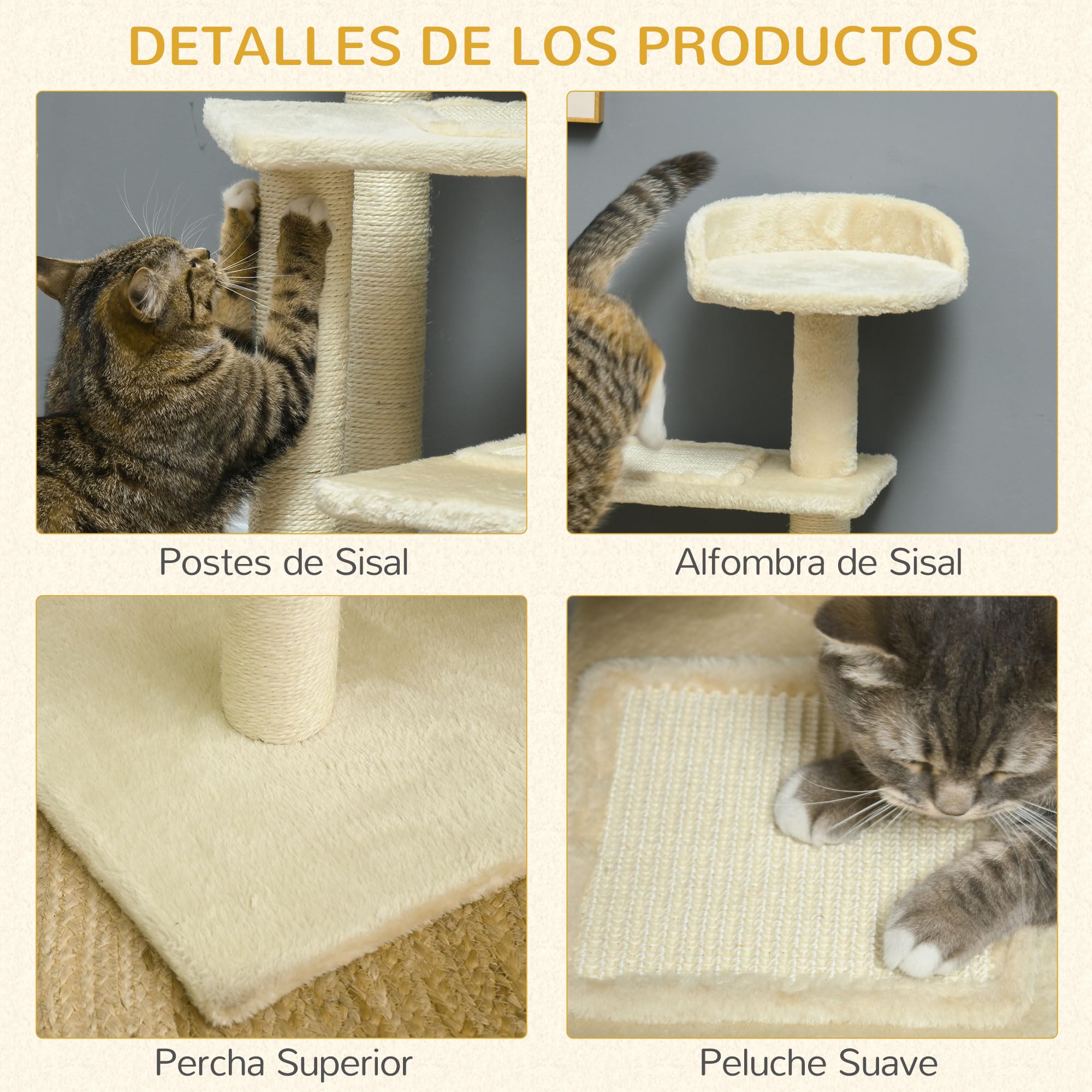 PawHut Árbol para Gato Rascador Poste para Arañar con Cama Plataforma con Manta de Sisal 50x50x100cm Terciopelo Beige | Grande, para Arañar, Cama, Manta de Sisal, Terciopelo