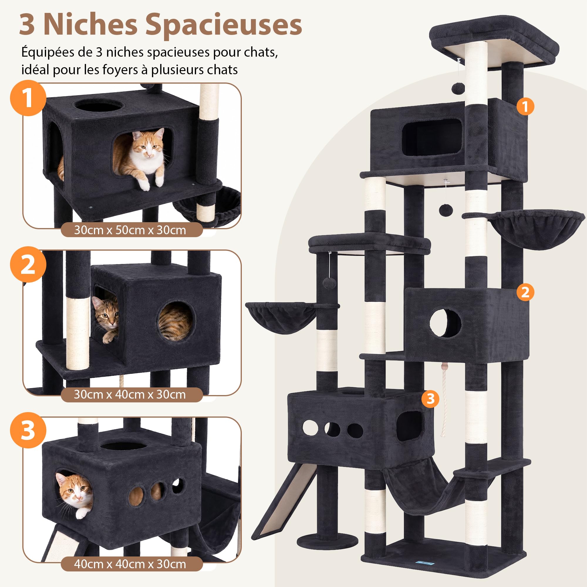 Gitelsnour Arbre À Chat 225 cm XXL – Arbre Stable pour Chats Grands, 3 Niches, 2 Paniers Suspendus, Hamac, Planche À Griffer, 2 Plates-Formes D'Observation, Socle Stable, Gris Foncé GCT808G