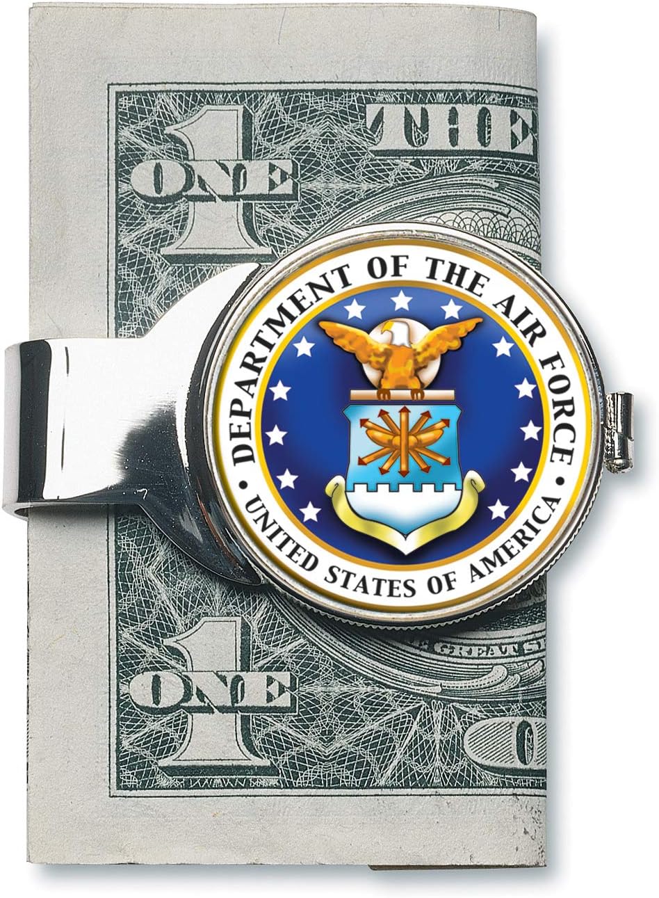 American Coin Treasures Coin Money Clip - JFK Half Dollar Colorized with the Air Force Emblem | Brass Layered in Silver-Tone Rhodium | Holds Currency, Credit Cards, Cash | U.S. Coin