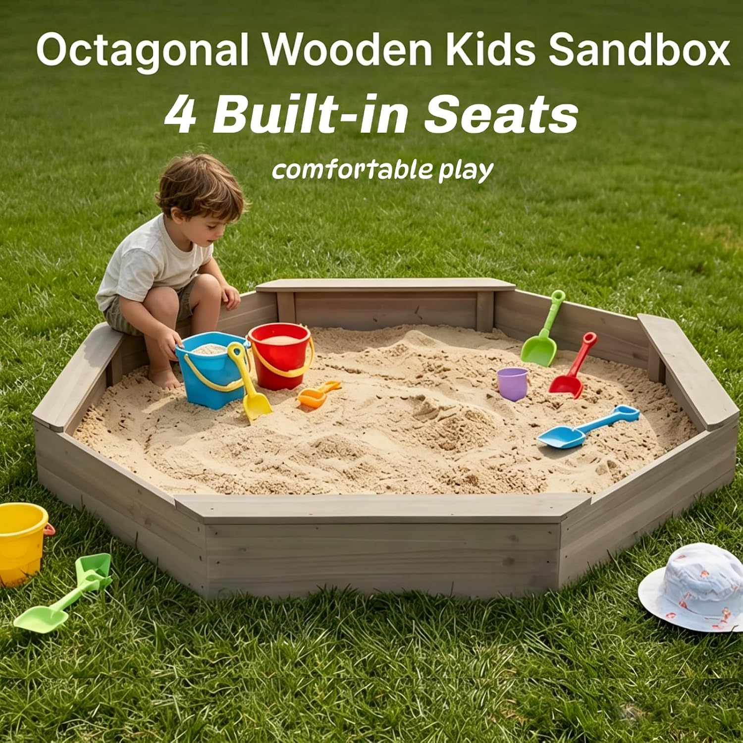 Outdoor Octagonal Wooden Sandbox for Kids Ages 3-10,Large Sandbox with Oxford Fabric Cover,Big Wood Sand Pit with 4 Benches,Quick Assembly for Backyard,Patio Play (Coffee, Octagon - Large)