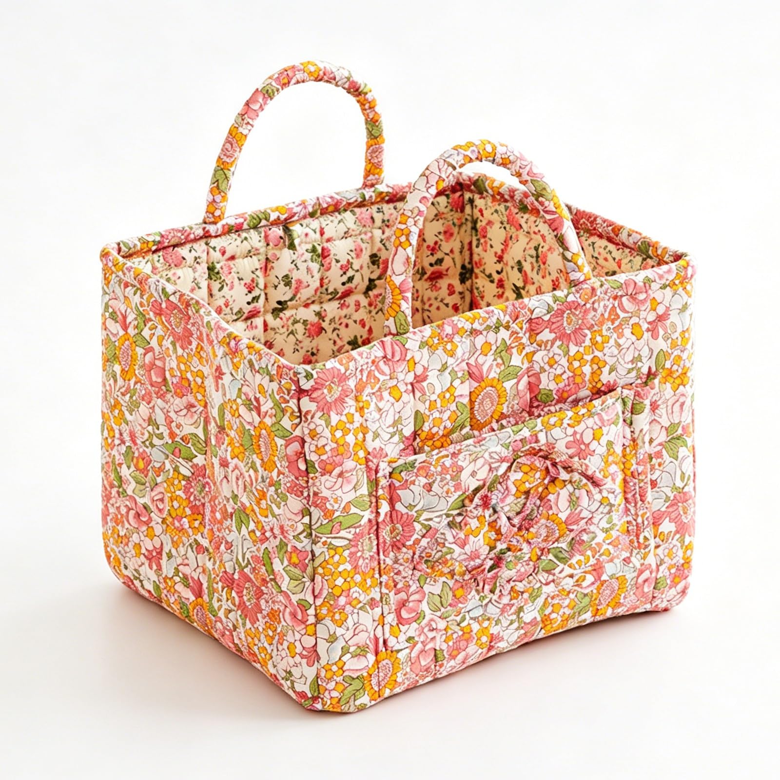 Quilted Vintage Floral Fabric Storage Basket with Ruffle Front Pocket & Reinforced Padded Handles, 23L Large Foldable Decorative Organizer Bin for Closet Bedroom Clothes Sundries(1888)