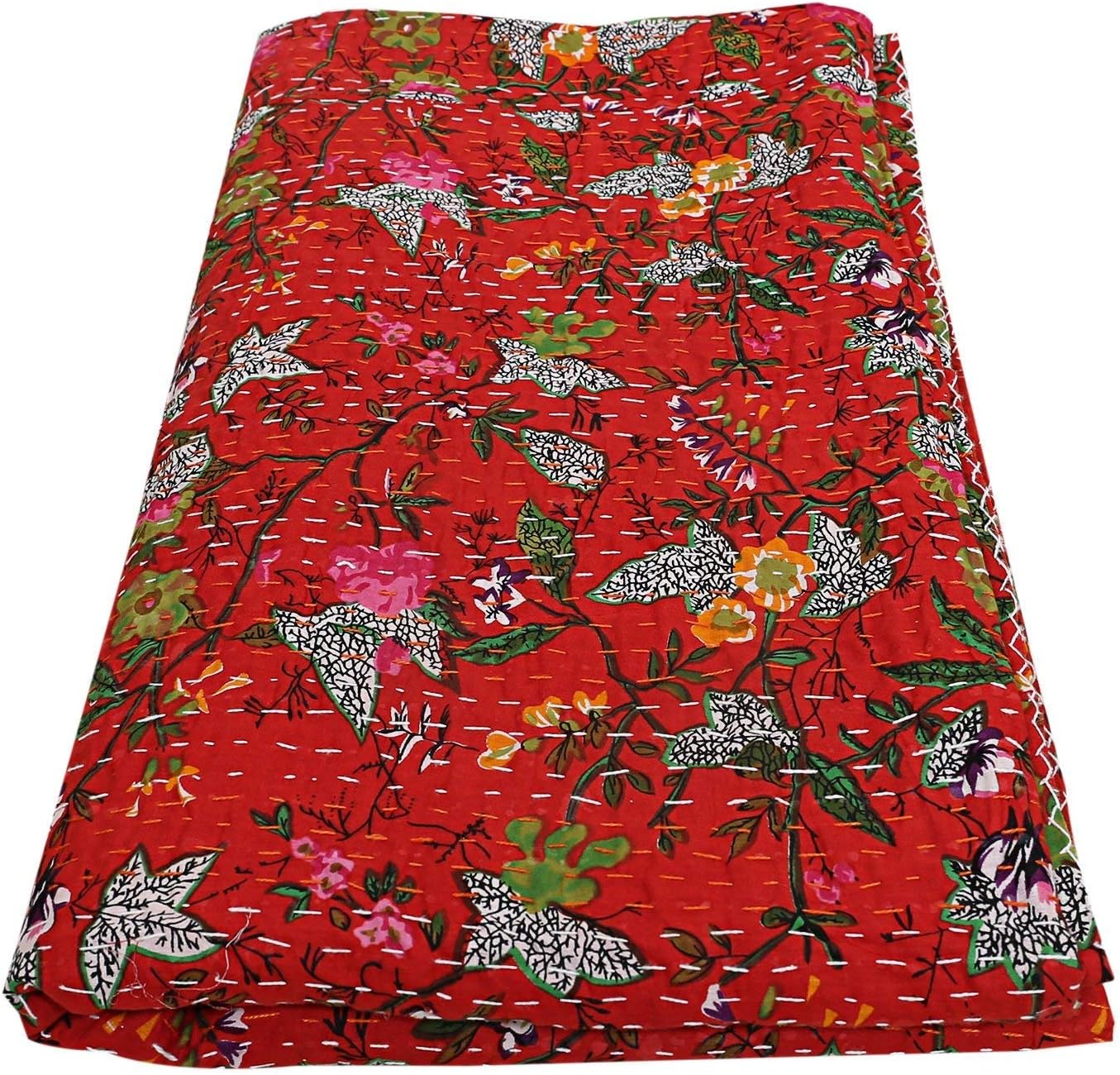 Indian Red Bird of Paradise Print King Size Kantha Quilt Kantha Blanket Bed Cover King Kantha Bedspread Bohemian Bedding Kantha Blanket Throw