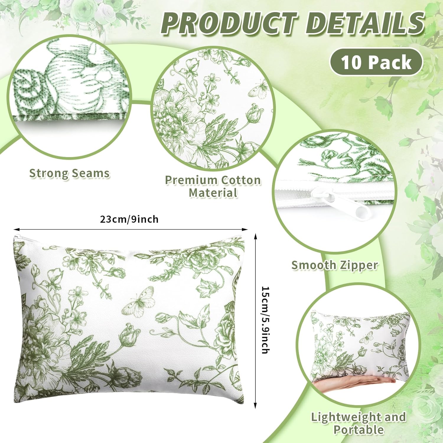10 Pcs Floral Makeup Bags with Zipper Canvas Cosmetic Bags Bulk for Women Pencil Bag Travel Toiletry Pouch Gift for Health Nurse Mother Teacher(Green) - Image 2
