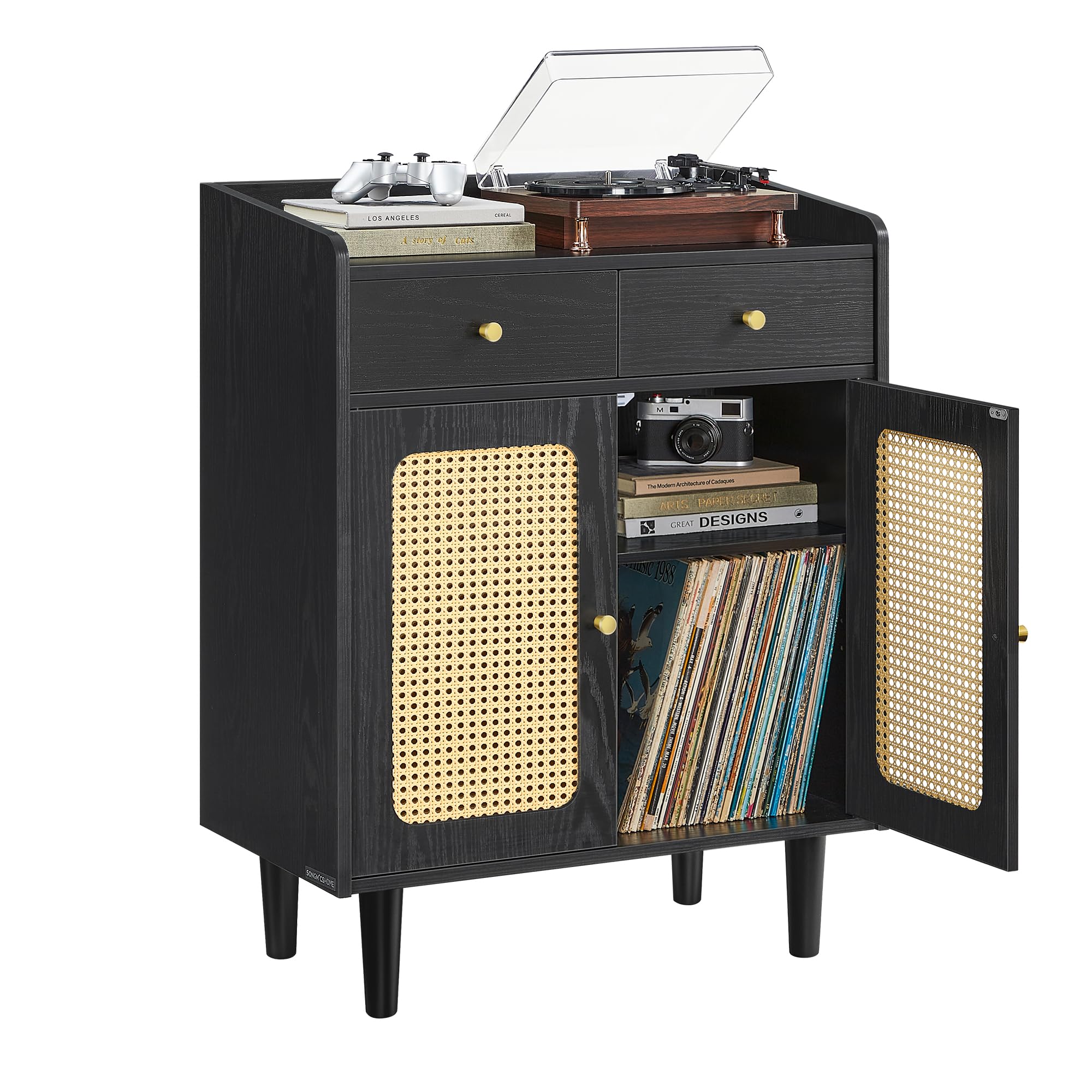 SONGMICS HOME BOHOVEN Collection - Buffet Cabinet, Sideboard Storage Cabinets with Rattan-Like Doors and Drawers, Adjustable Shelf, Boho Style, for Living Room, Ebony Black 1 Pack Ebony Blac