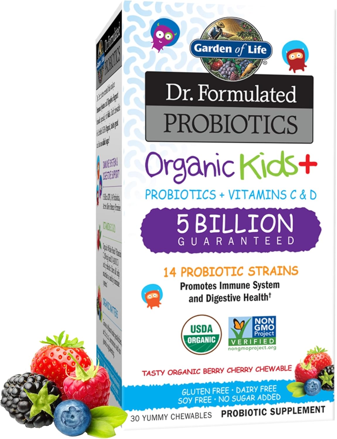 Garden of Life Dr. Formulated Probiotics for Kids, Organic Kids Berry Cherry, 5 Billion CFU Chewable Probiotic Plus Vitamin C and D, Dairy Free Immune Digestive Health Supplement, 30 Chewables