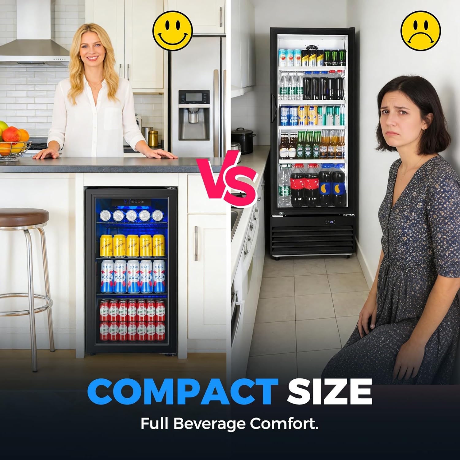 Under Counter Beverage Refrigerator 4.0 Cu.Ft, Glass Door Drink Fridge with Blue LED Light and Adjustable Temperature for Soda, Beer and Cans, Compact Mini Bar for Kitchen and Office