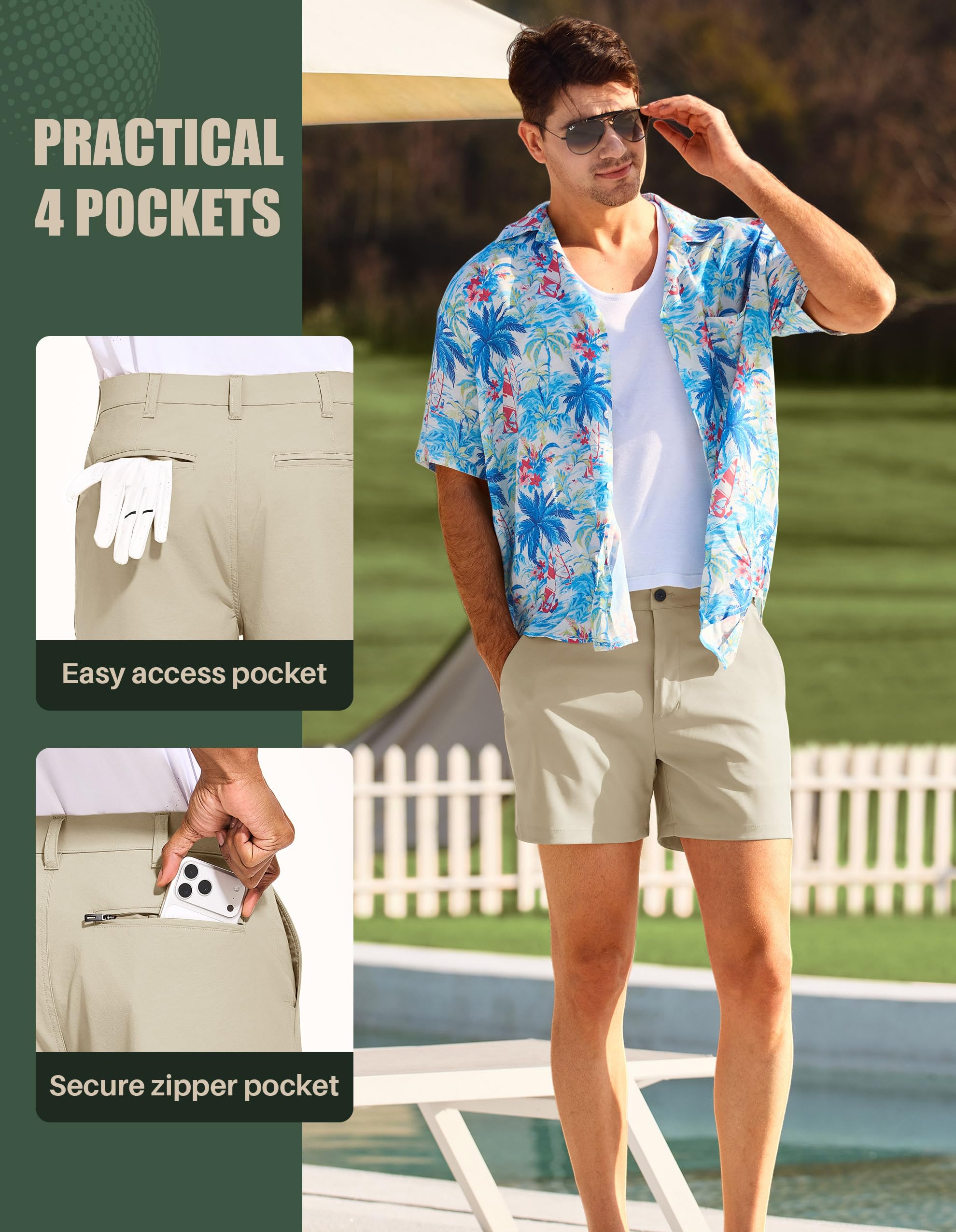 PULI Pantalones cortos de golf para hombre con entrepierna de 5 pulgadas, elásticos, casuales, con bolsillos, impermeables, ligeros, de secado rápido