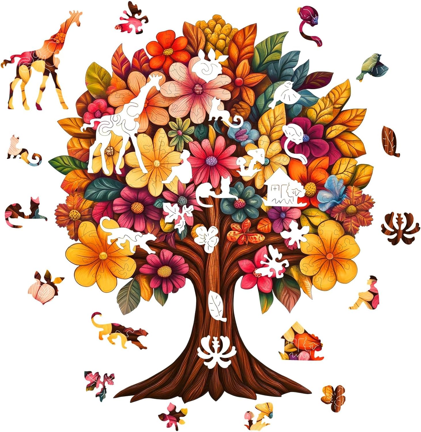 Pikoqunc Wooden Flower Tree Puzzles for Mom Grandma, Tree of Life Wooden Jigsaw Puzzle – Colorful Nature Floral Puzzle, 10’’ x 12’’Tree Shaped Design for Home Décor & Gift (180Pcs)