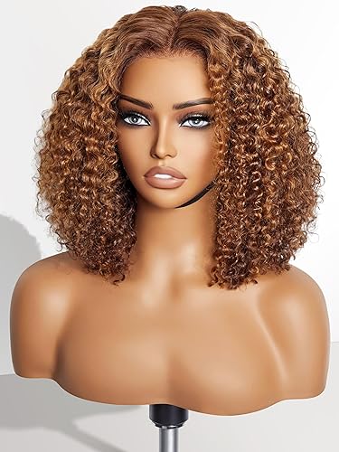 LUVME HAIR Pelucas de cabello humano rizado marrón de 12 pulgadas, sin pegamento, precortada, con encaje frontal, prearrancado, 430, mezcla de