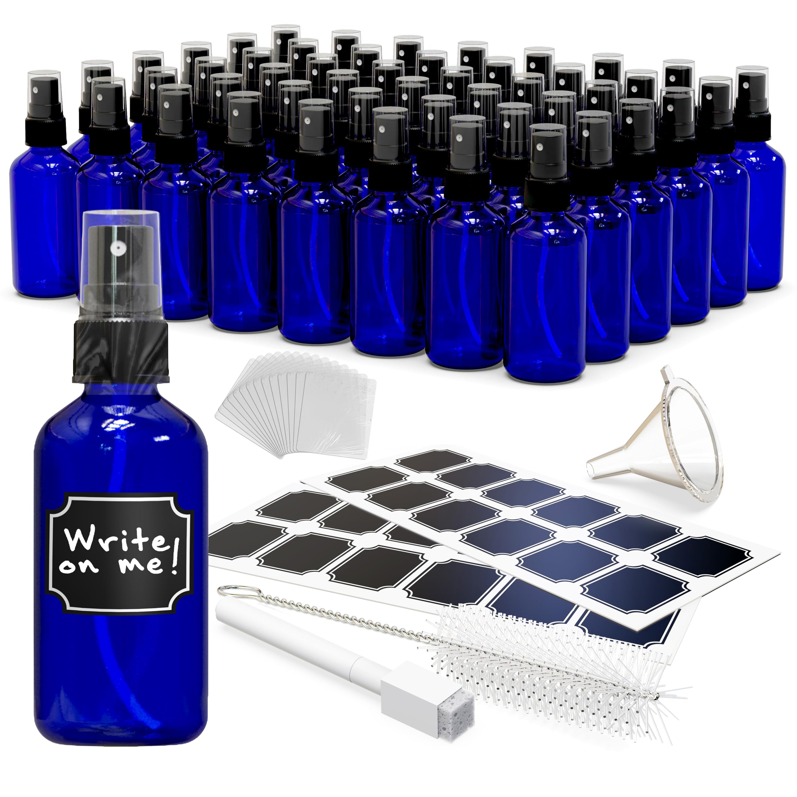 Nevlers Blue Glass Spray Bottles, 4 Oz, 48-Pack with Accessories