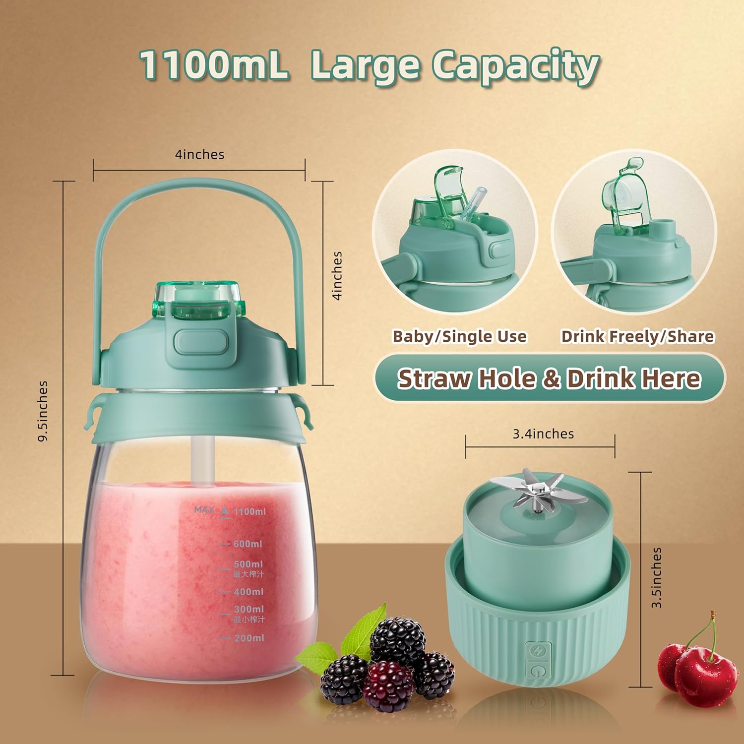 1100ml Portable Juicer with 10-Blade Turbo Juicing, USB-C Fast Charging, 12+ Cups per Charge, Juice Glass with Sip Lid & Carrying Strap for Travel & office & Gym. Not for Ice Crushing. (Green)
