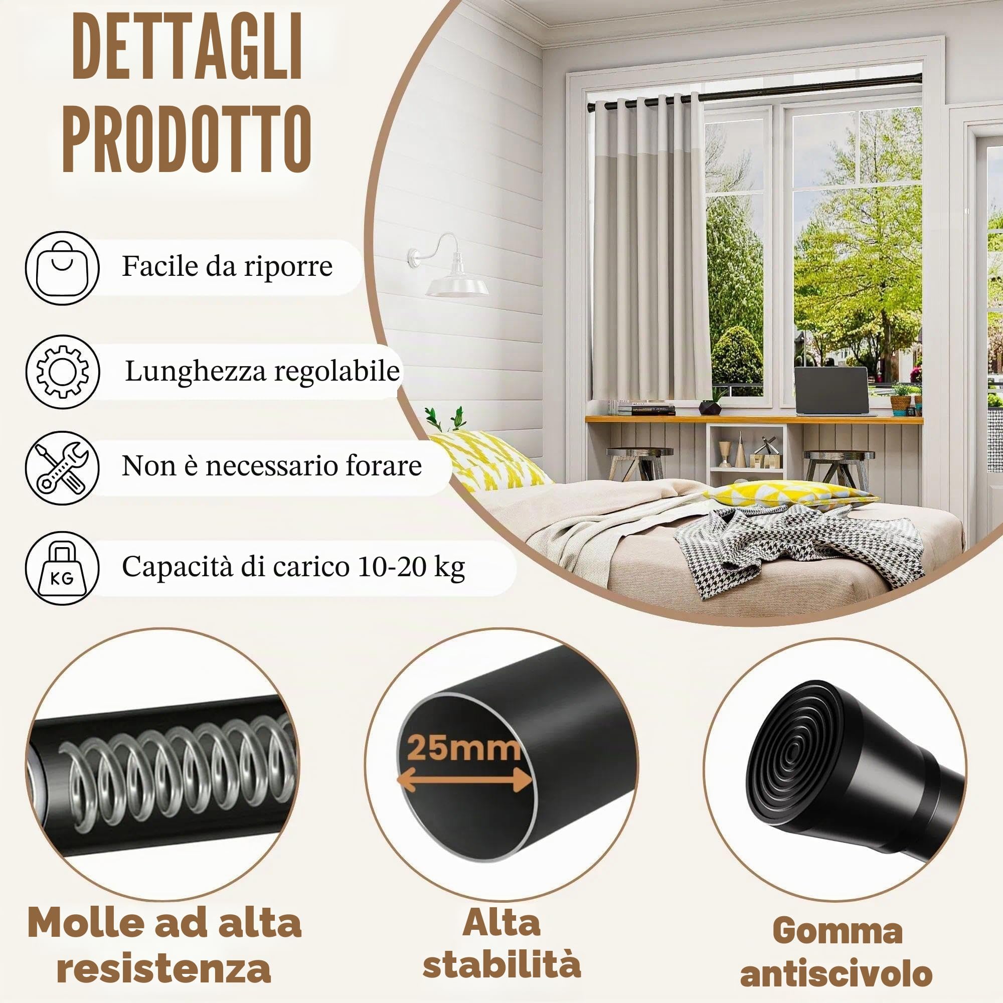 Asta Di Tensione Per Tende Senza Trapano Bastone a Pressione Per Tenda Asta Estensibile Per Tende Per Finestre Doccia Nero 83-190CM