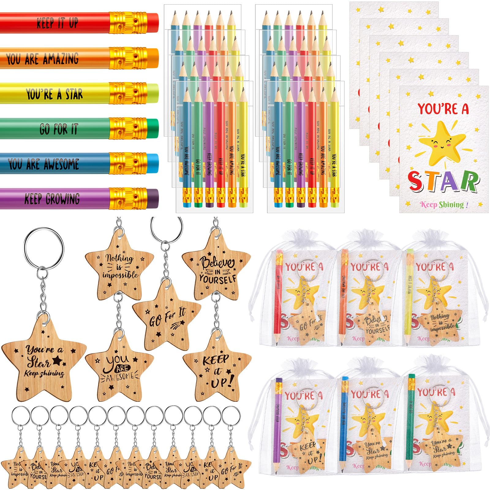 Sinmoe 50 Sets End of Term School Leaver of 2026 Class Gifts for Students from Teachers Include Positive Affirmation Card Star Keychains Rainbow Pencils Teacher to Leaver Gifts (6 Styles of Keychains)