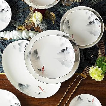 Ceramic Dinnerware Sets for 12 Reusable Tableware Set Chinese Style Dishes Set Ink Painting Serving Plates and Bowls Sets Safe and Healthy Dining Ware Set Plates/Bowls/Spoons and Soup Pot - 60 Piece
