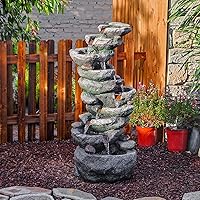 YZM 10-Tier Cascading Rock Water Fountain with LED Lights - Outdoor Garden Patio Waterfall 39.76"H Freestanding Decor