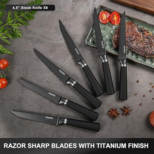 Miniatura 5 de Juego de cuchillos con bloque y afilador, 15 piezas de cuchillos de cocina con bloque, juego de cuchillos japoneses de acero inoxidable de alto