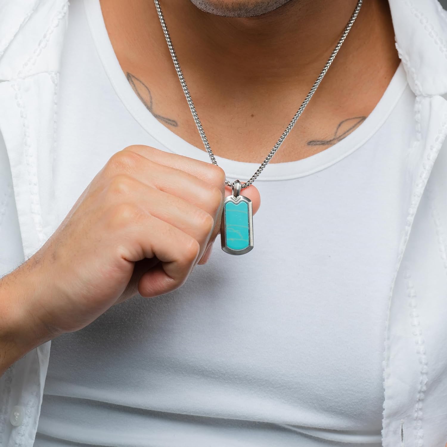 RTZN® Turquoise Necklace for Men – Premium Mens Turquoise Necklace Dog Tag Pendant with Stainless Steel Box Chain 22" Inch + 2" Extension - Mens Western Necklace