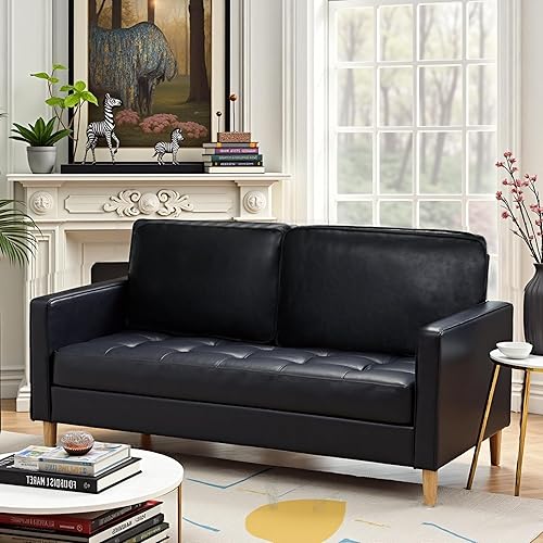 AILEEKISS 57'' Mid-Century Loveseat Faux Leather Sofa Couch with Armrest for Two People Modern 2 Seat Sofa for Living Room (2-Seater, Black)