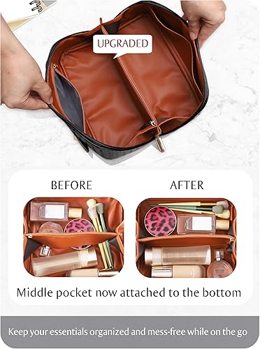 Miniatura 4 de Bolsa de cosméticos de gran capacidad para viajes - Bolsa portátil de maquillaje para mujeres, organizador de piel sintética impermeable con