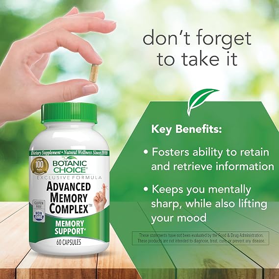 Botanic Choice Advanced Memory Complex - Mood Support Brain Supplements for Memory and Focus - Proprietary Herbal Blend with Ginkgo Biloba - Gluten and Allergen Free - 60 Count Pills