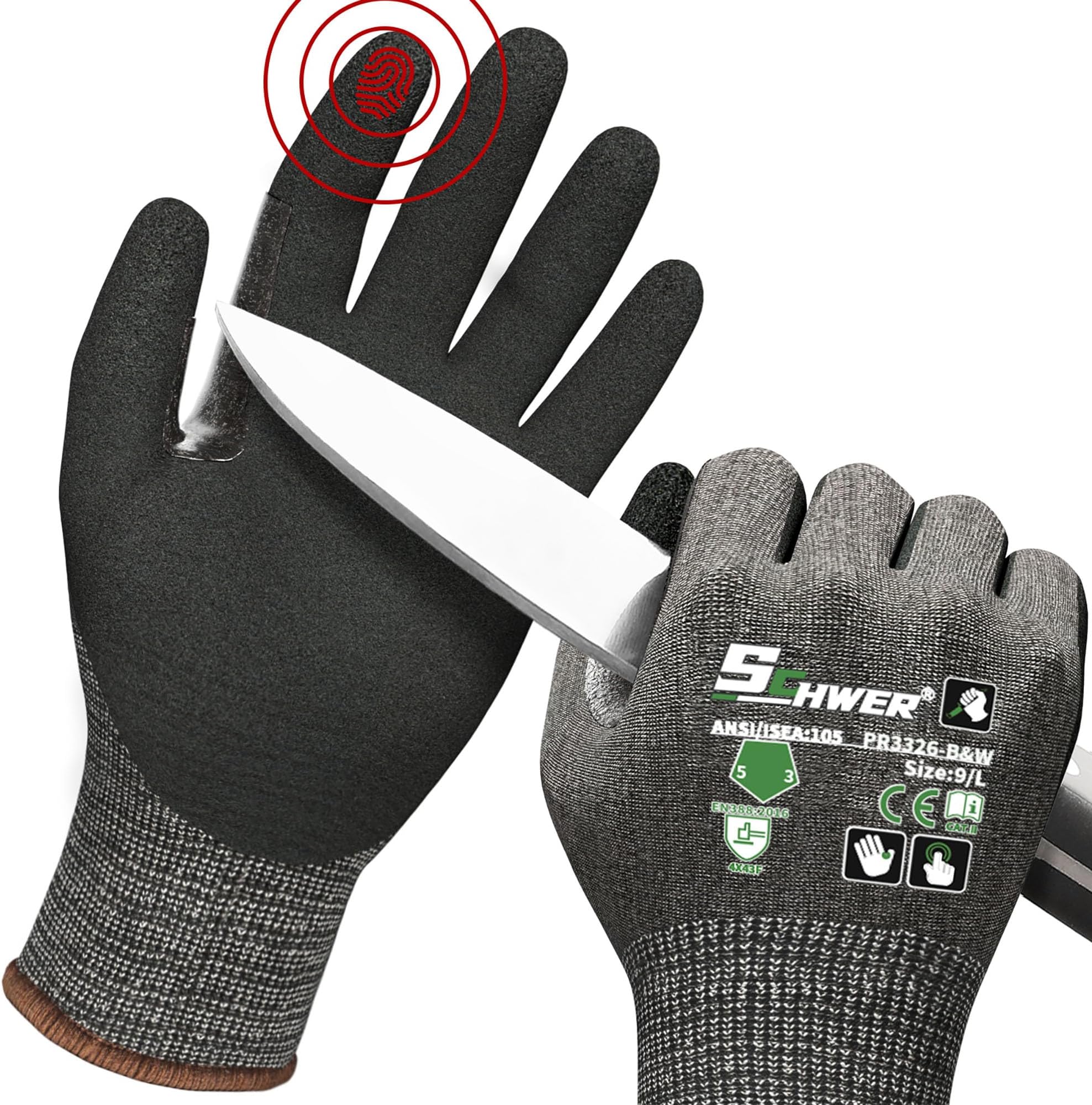 Schwer ProGuard High Level Cut Resistant Work Gloves PR3326 for Extreme Protection，ANSI Cut Gloves with Reinforced Thumb, Non Slip, Breathable, Durable, Touch-screen, Black 1 Pair（L）