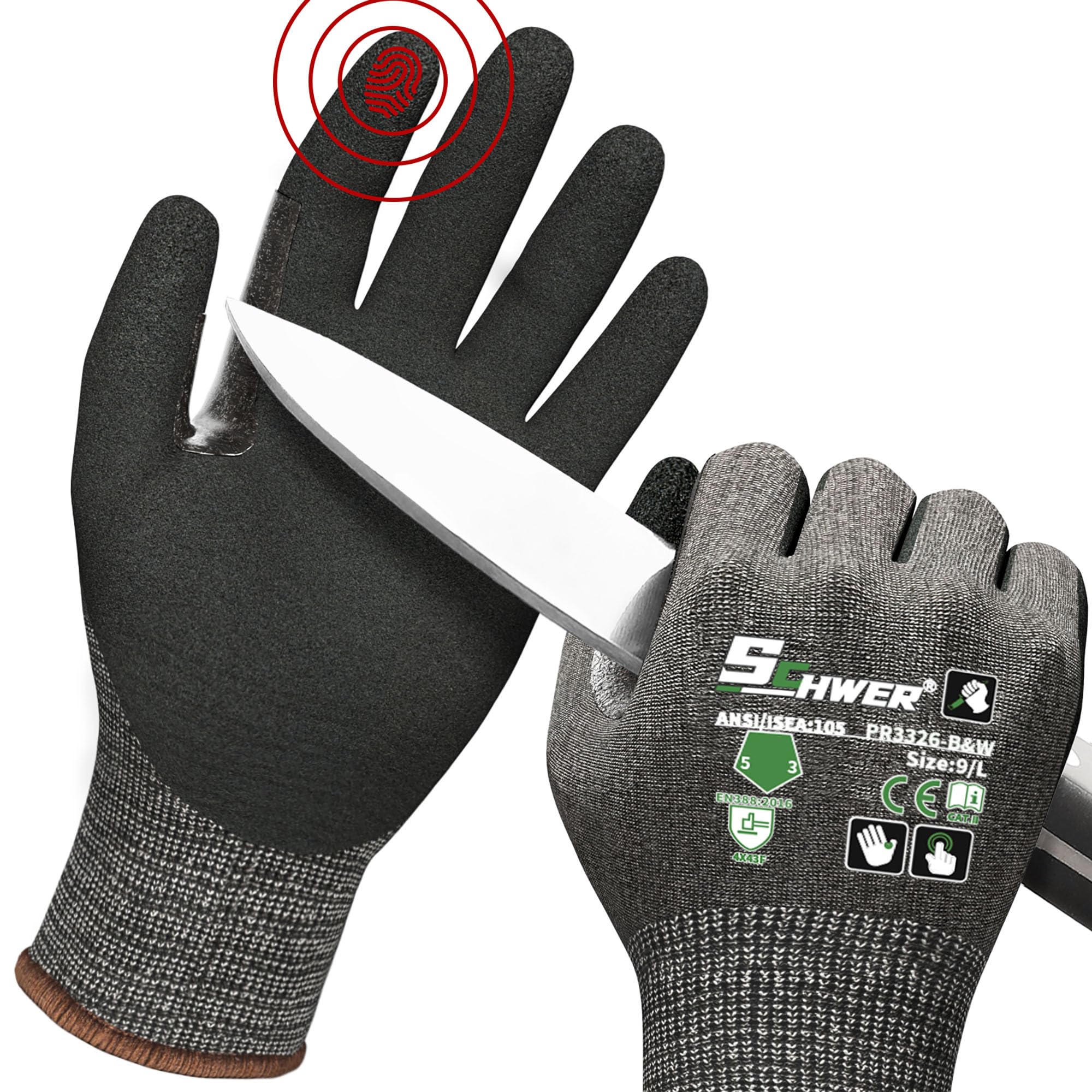 Schwer Highest Level Cut Resistant Work Gloves for Extreme Protection, ANSI A9 Work Gloves with Sandy Nitrile Coated
