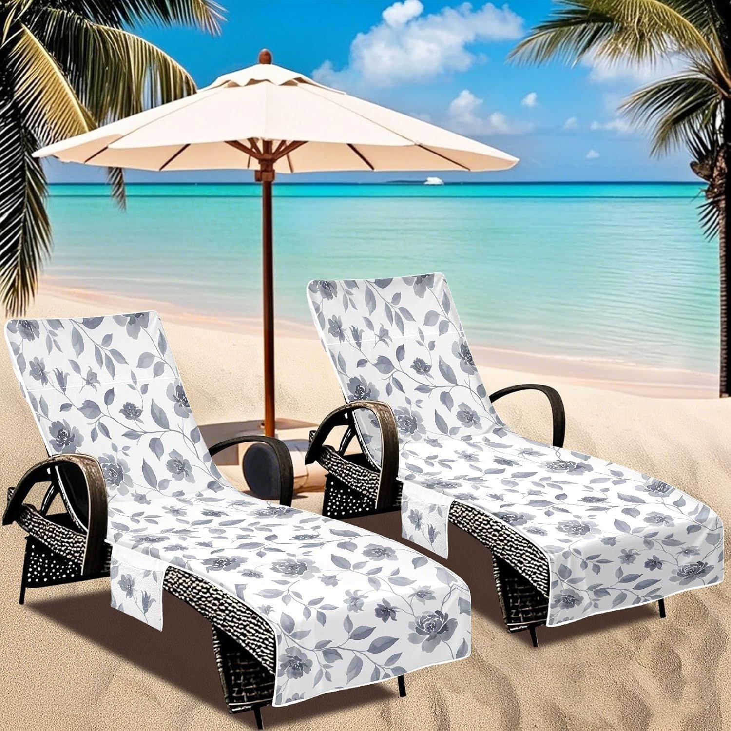 Watercolor Rose Lounge Chair Towel Cover with Side Pockets – 85x30in Foldable Chaise Cover for Beach, Pool, Patio, Spa