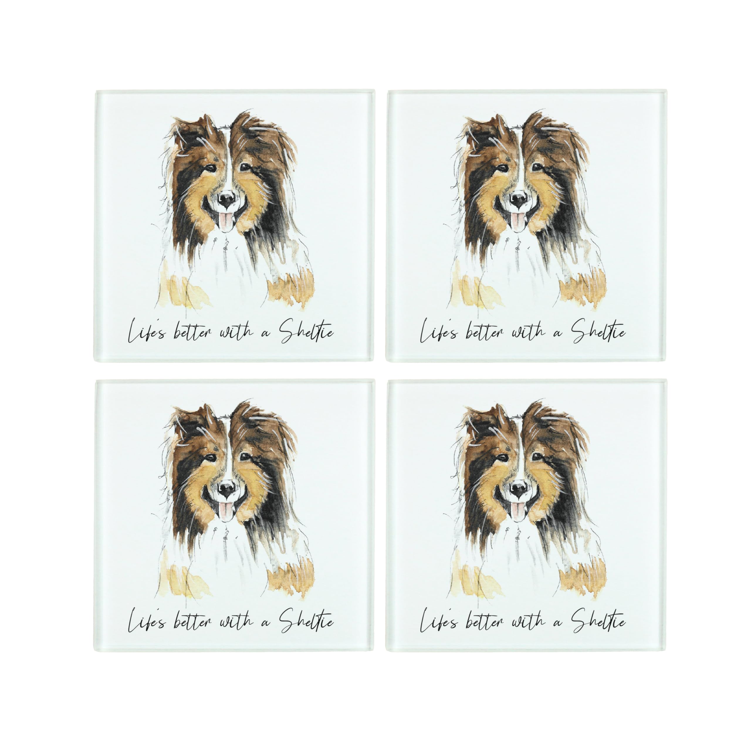 Purely Home Sheltie Coaster Set - Life's Better With A Dog Gift - Square Glass Set Of Four (4) Coasters