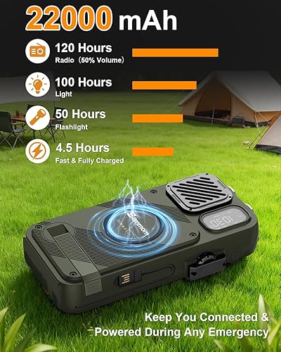 Miniatura 3 de Radio de emergencia y banco de energía solar de 22000 mAh, Radio meteorológica FM NOAA, Radio portátil con manivela Bluetooth, cargador de teléfono