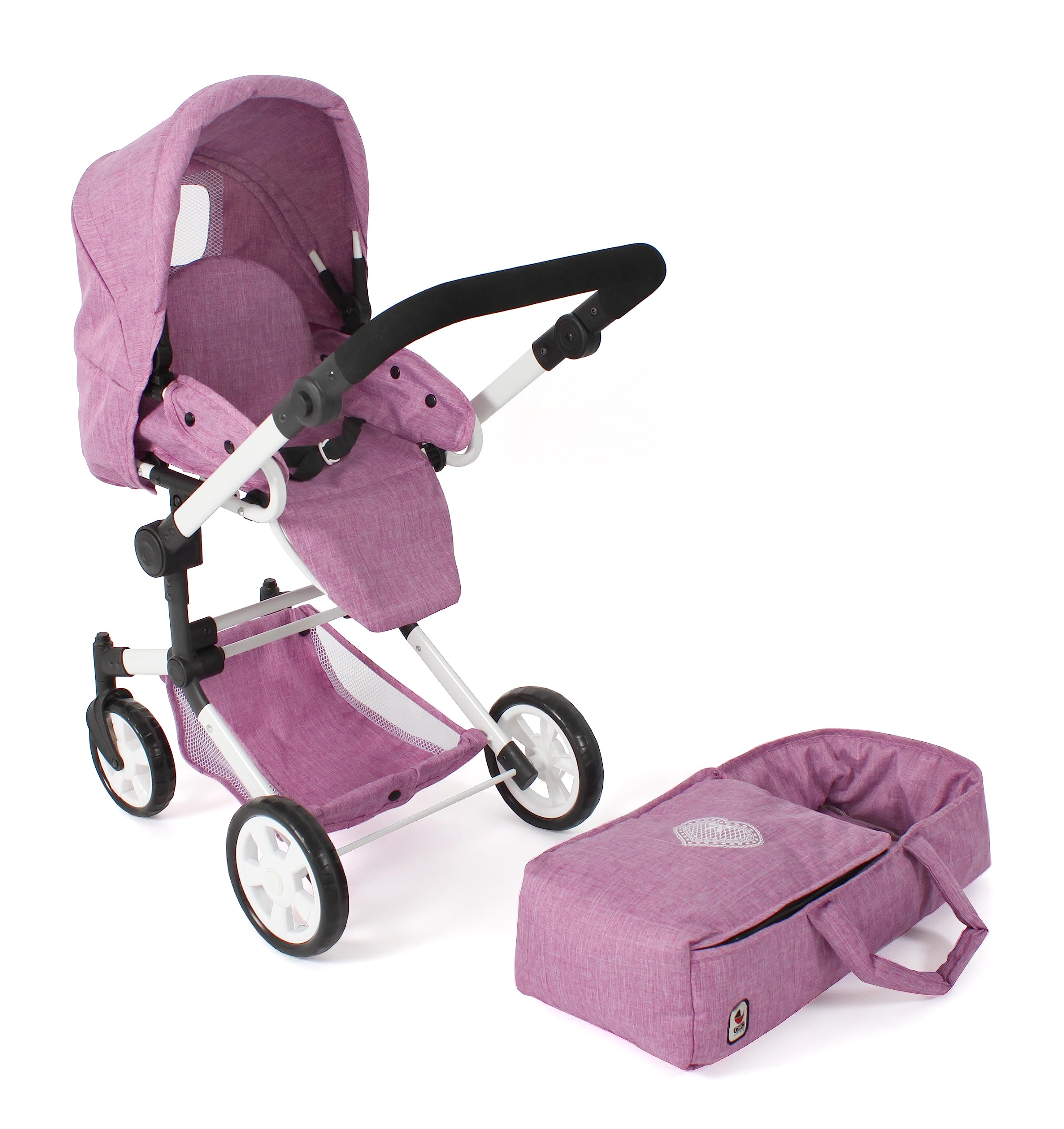 Bayer Chic 2000® wózek dla lalek Jara 3 w 1, różowy, składany, uchwyt z regulacją wysokości 47-78 cm, torba transportowa, lalki do 52 cm, 4-8 J.