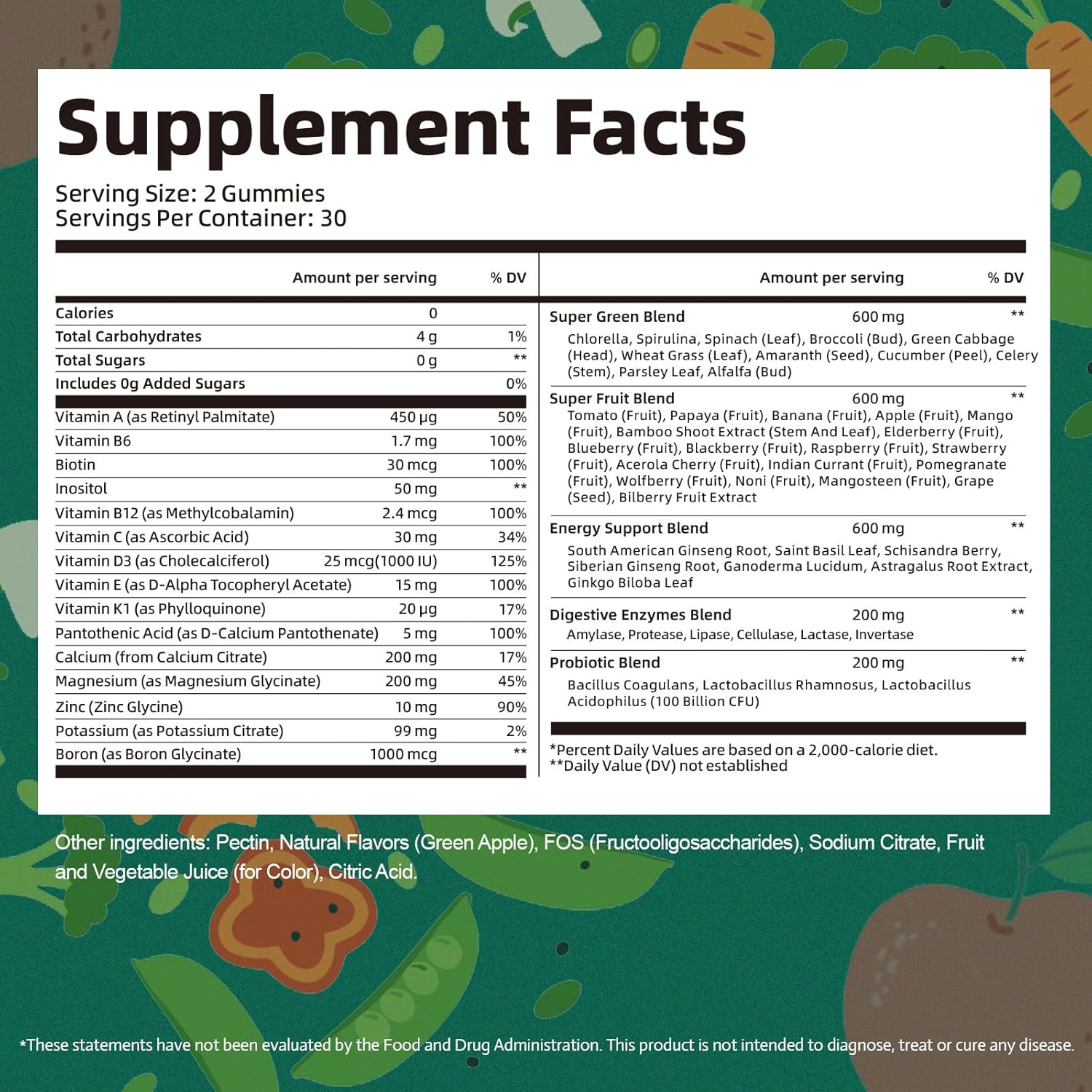 61-in-1 Supergreens Daily Gummies for Women and Men, Multivitamin Superfood Gummy with Probiotics for Metabolic, Energy, and Digestive Health, Sugar Free, Green Apple Flavor, 60 Count