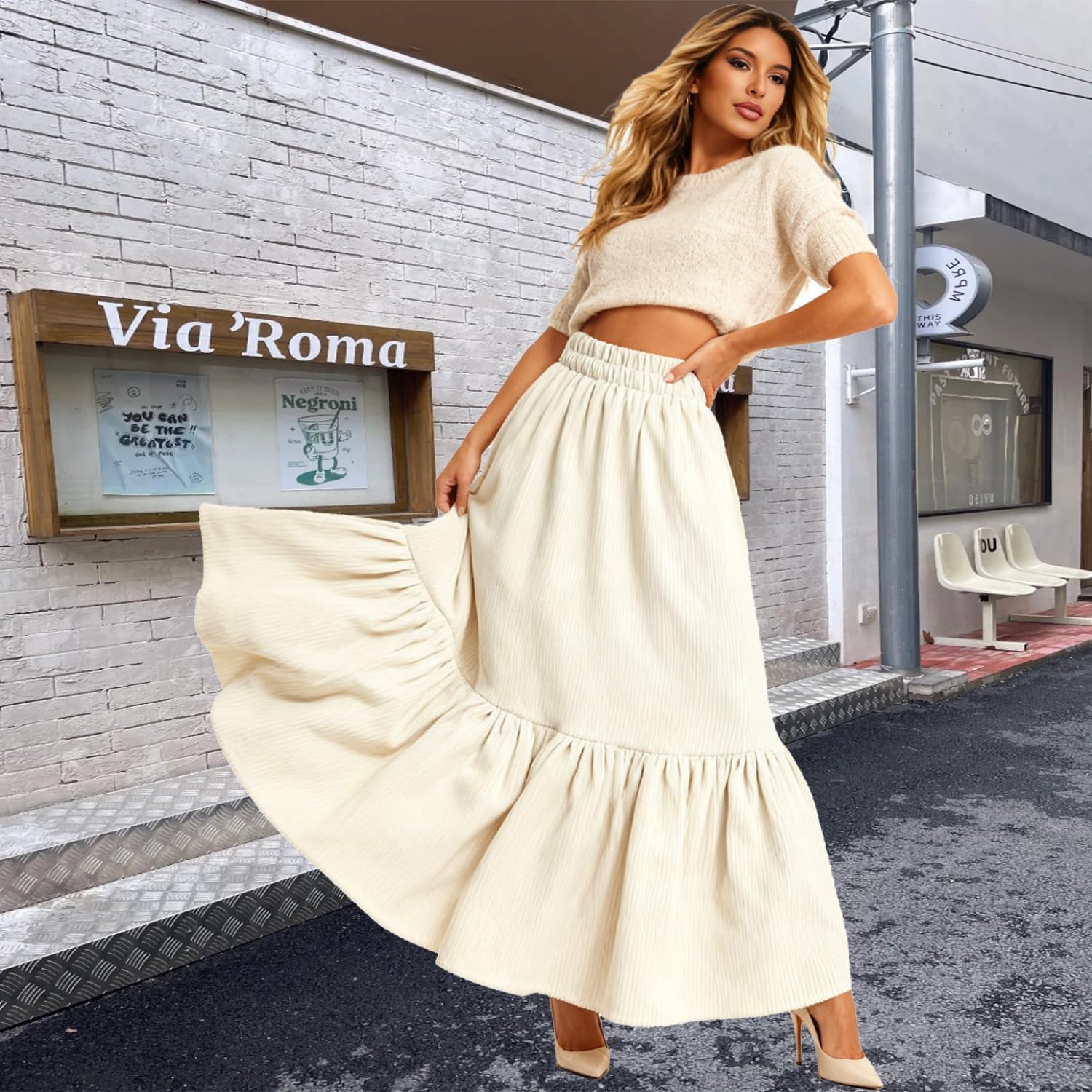 materasu Womens Maxi Skirt Elastic High Waist Swing Tiered A-line Flowy Pleated Boho Beach Vacation Long Skirts - Image 2