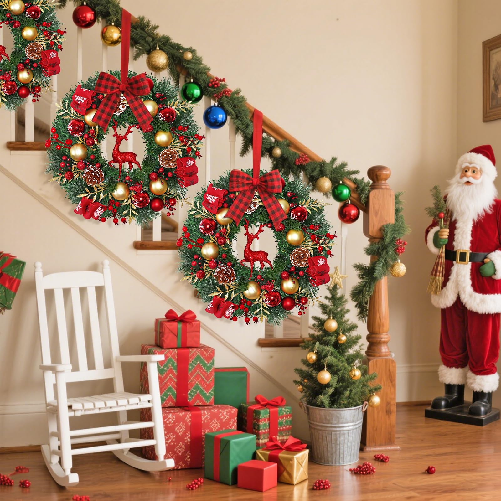 Dremisland Rot Rentier Weihnachtskranz für Haustür 44cm Künstliche Tannenkranz Adventskranz Türkranz Weihnachten Außen Ball Türschmuck Beerenhaufen Grün Weihnachtsdeko Innen Außen Wand Wohnkultur