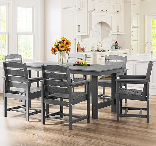 Miniatura 6 de SERWALL Juego de Mesa de Comedor de HDPE para Exteriores, Juego de 7 Piezas de Mesa de Comedor al Aire Libre con Mesa con Corte para Agujero de