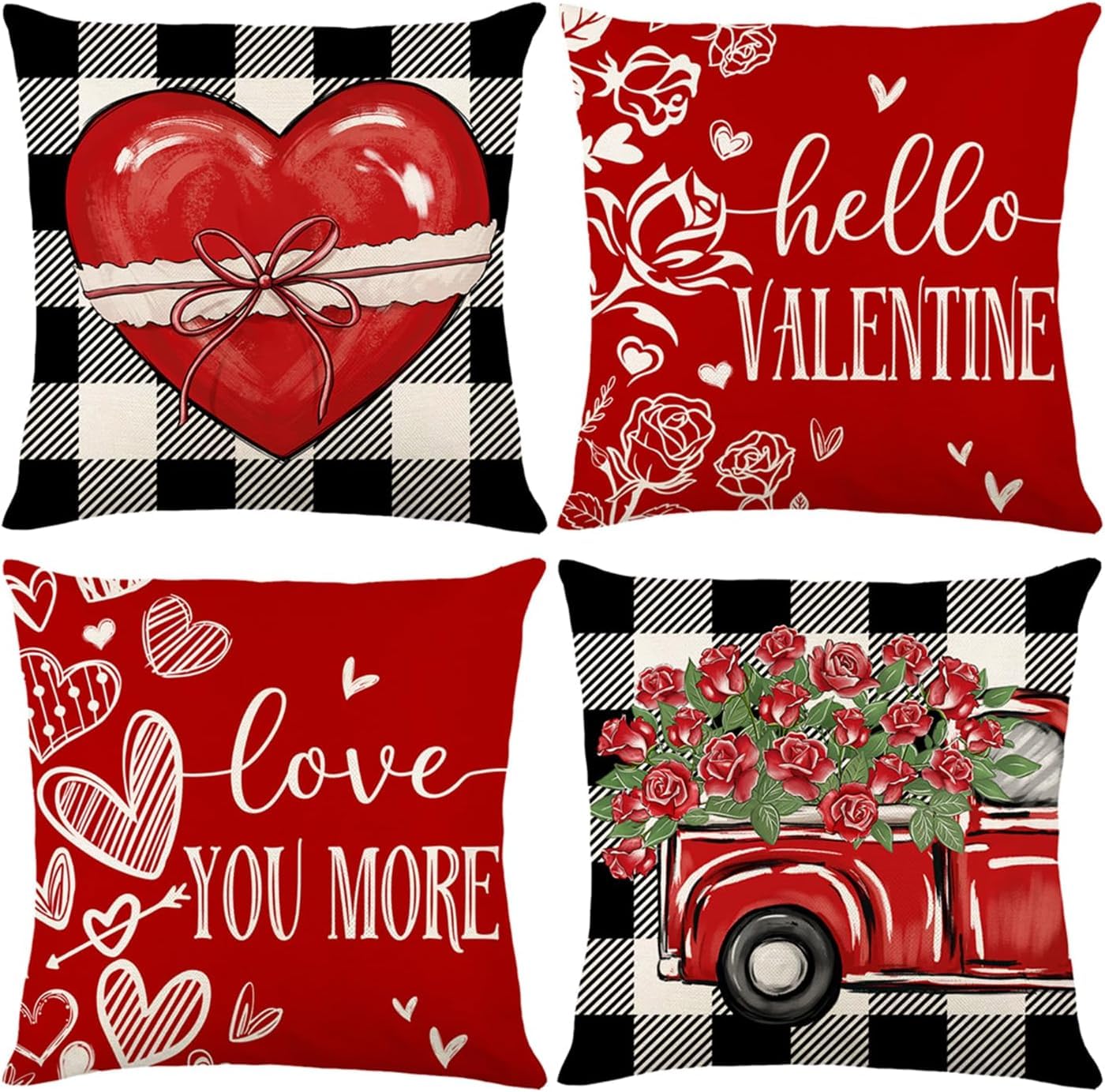 ALUNME 4 Pcs Valentines Day Pillow Covers Faux Linen Polyester Pillowcases with Romantic Heart Rose Designs, Sweet Valentine Decor for Sofa Bed Chair Patio Office, Hidden Zipper Valentines Home Decor