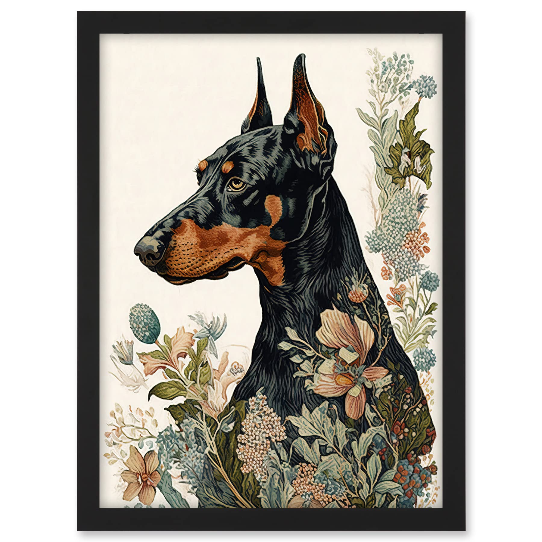 Artery8 Doberman Dog with Wild Flowers Boho Watercolour Illustration Artwork Framed A3 Wall Art Print