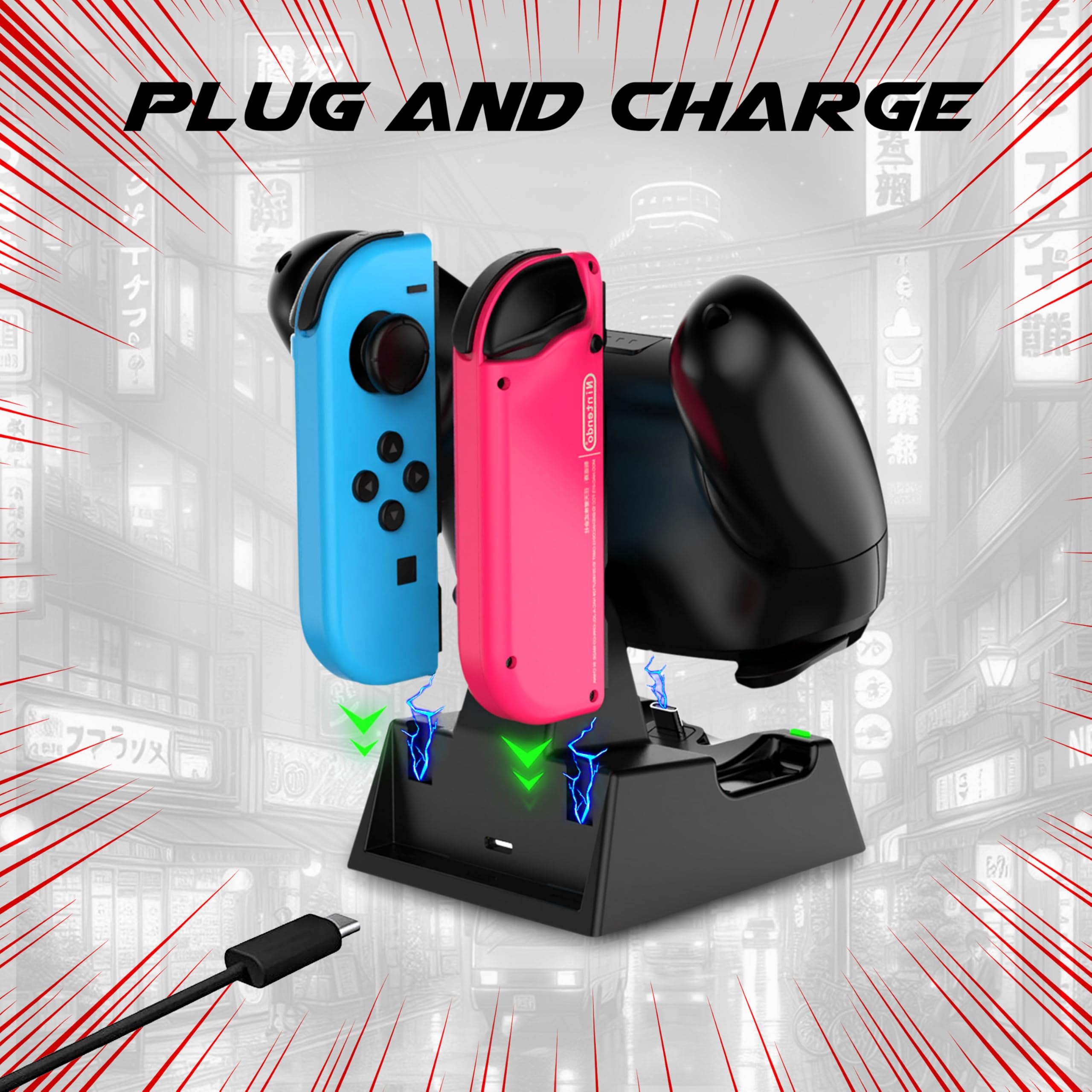 AKUMA Cyber V02 Stazione di Ricarica per Nintendo Switch - Controller Pro Controller, Joy-Cons, Switch/Switch OLED/Switch Lite Ricarica Intelligente - Nero