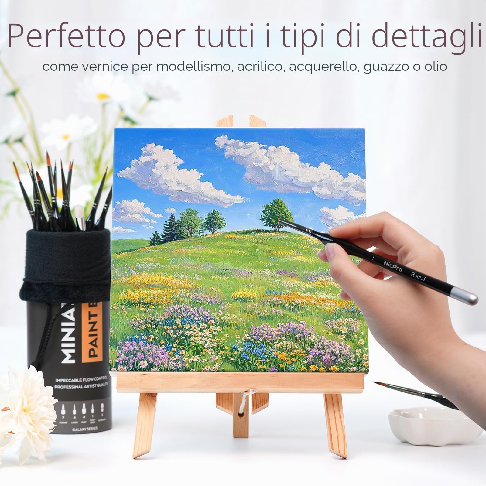 Nicpro Set di 21 pennelli per pittura in miniatura, per colori acrilici, acquerelli, pennelli asciutti, modello in miniatura, con contenitore