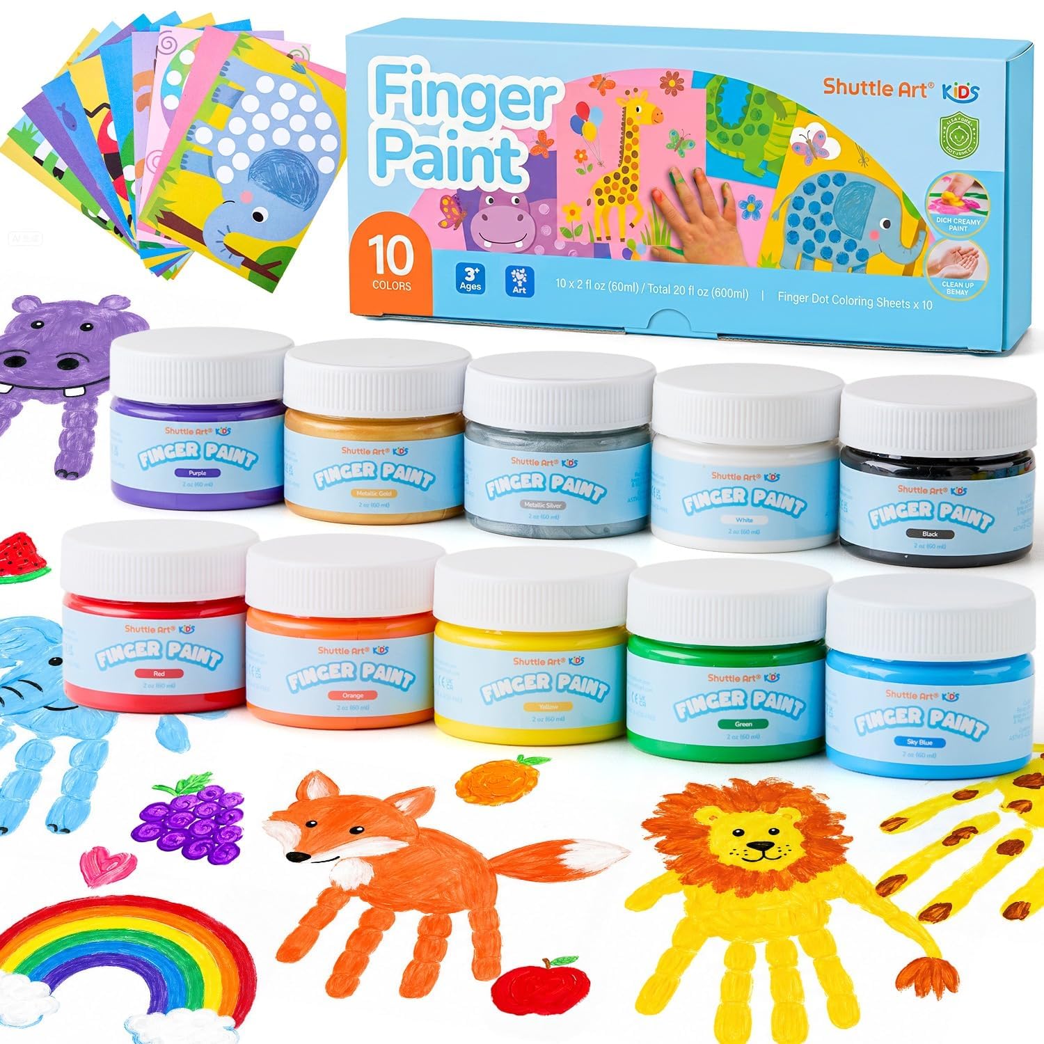 Shuttle Art Washable Finger Paints Set, 10 Colours (60ml) Kids Paint Set