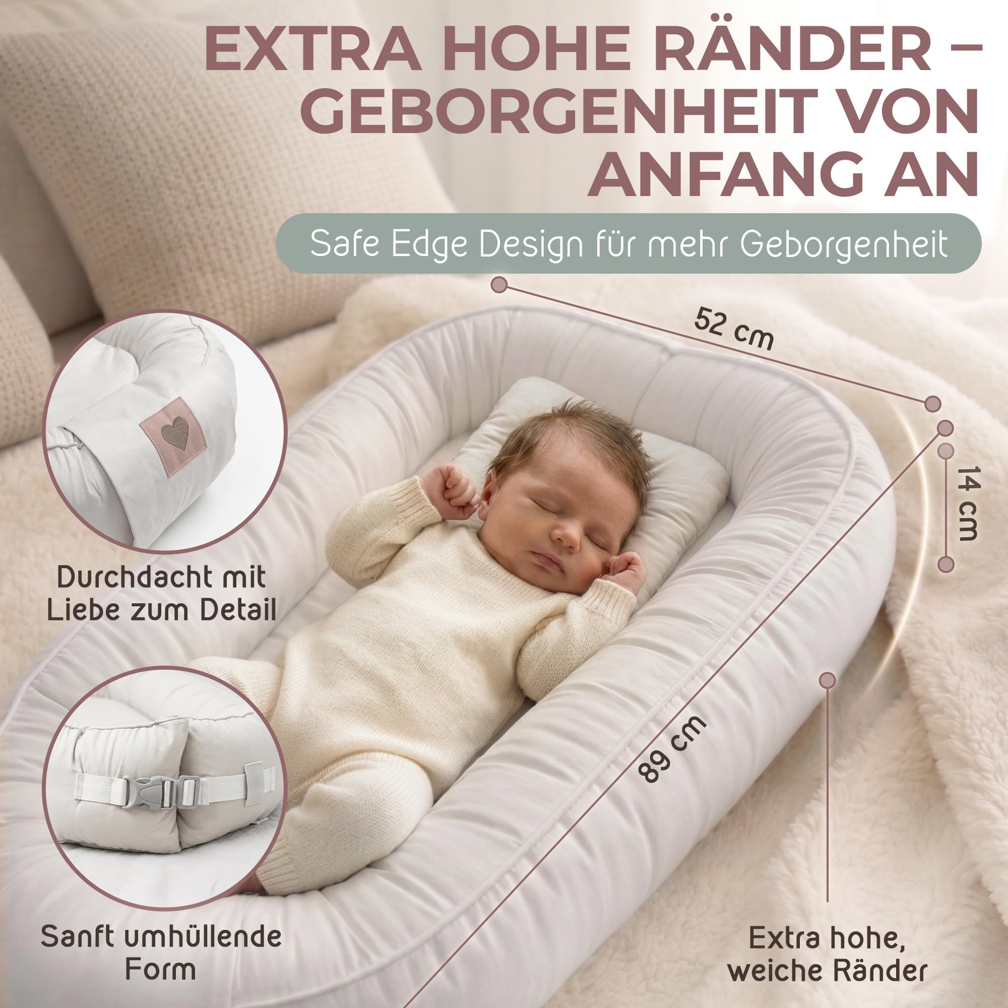 mimi kalu® Babynest für Neugeborene 100% Soft-Cotton Bezug, mit extra hohen Rändern (sicher) & Snuggle Hug Decke Bettschlange Baby Nestchen Baby