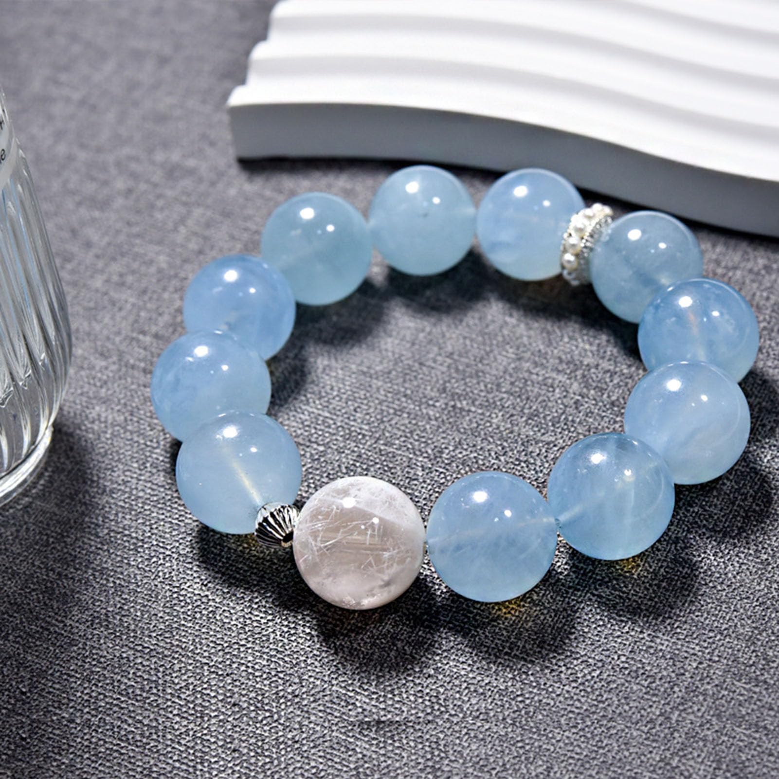 Pulsera de Piedra Aguamarina, auténticas Pulseras elásticas con múltiples Piedras Preciosas, Cuentas de Cristal Azul Claro para la Paz y la claridad, joyería elástica meditación,A