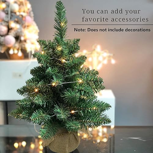 Miniatura 5 de Árbol de Navidad artificial mini preiluminado, árbol de Navidad pequeño de pino de 20 pulgadas con 40 luces LED, 70 puntas de ramas, árbol de