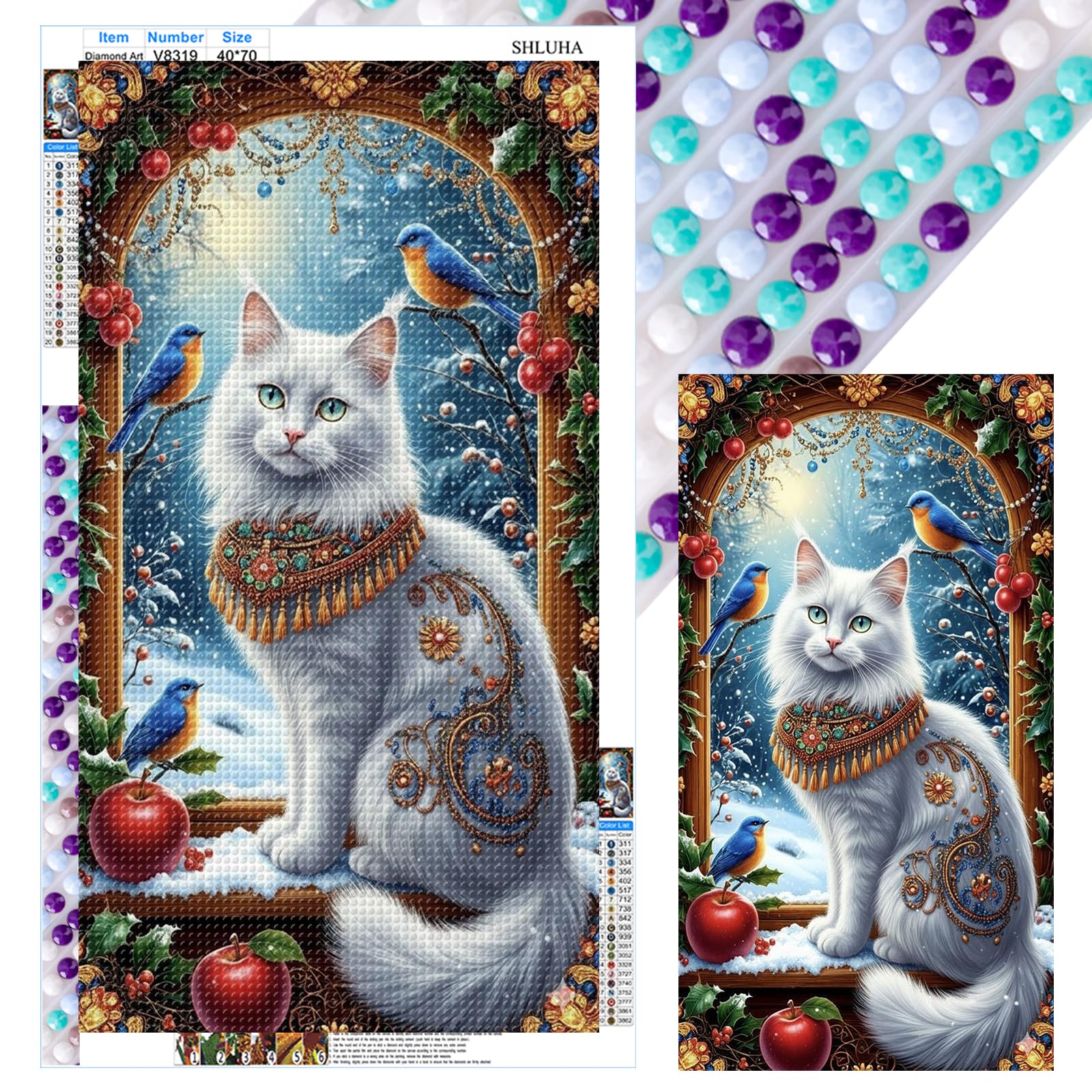 POETRYDRAW White Cat Full DIY 5D Round Drill Gem Art Diamond Art Painting Kits for Adults/Beginners Gift Idea Home Wall Decor Diamond Art Kits 15.75x27.56in (V8319)