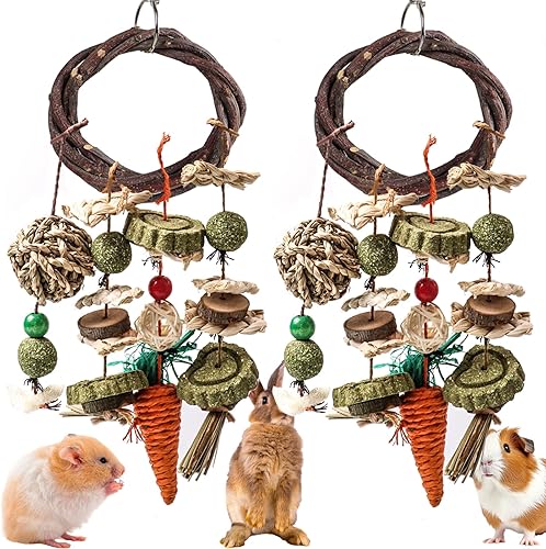 Miniatura 1 de Grddaef Juguetes para masticar conejo, jaula de conejo, juguetes colgantes de anillo de ratán, golosinas de molienda de dientes para conejo, conejo,